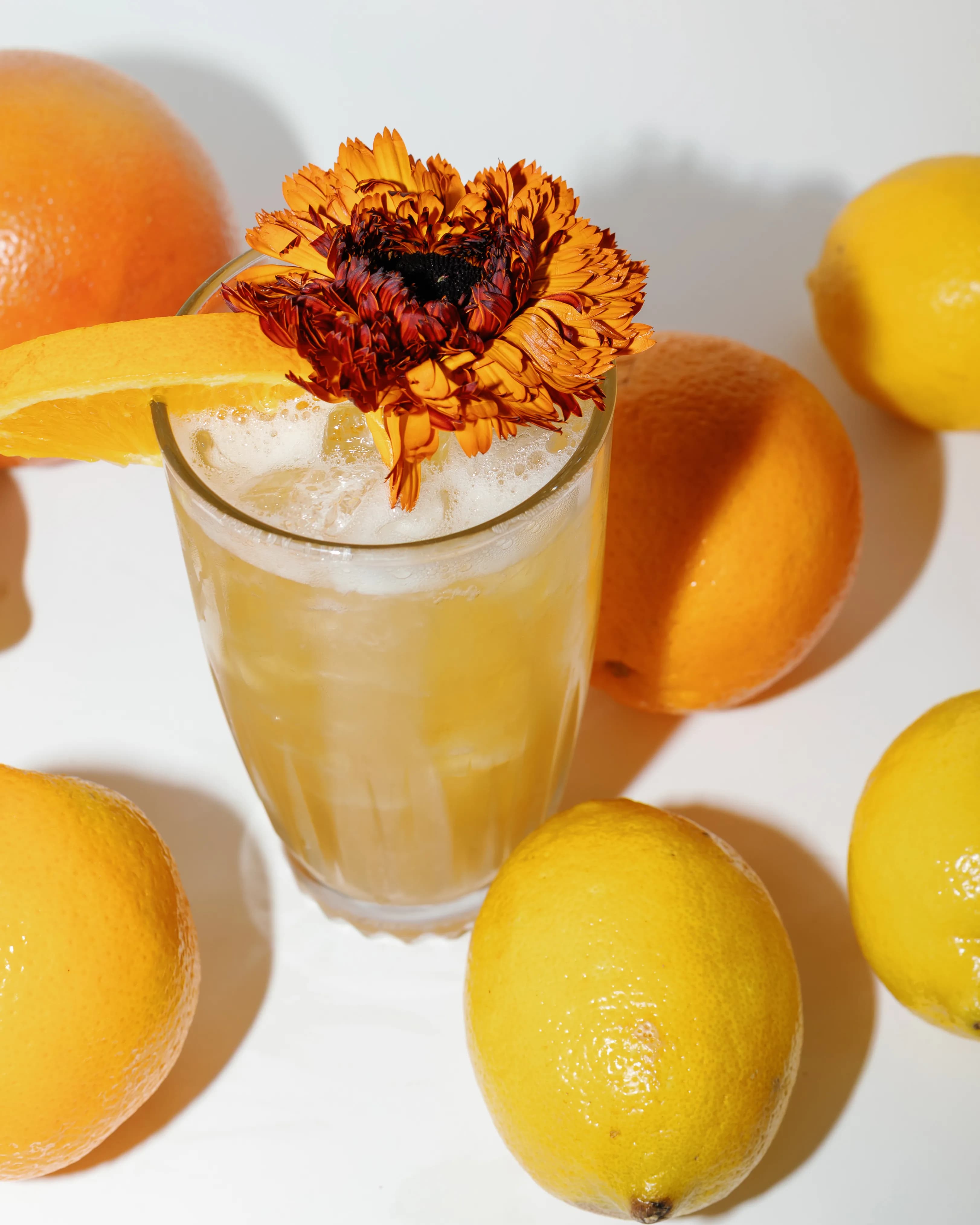 Citrus Sour highball cocktail with dried marigold and orange slice garnish at Darling Aviary rooftop cocktail bar in Downtown Sacramento