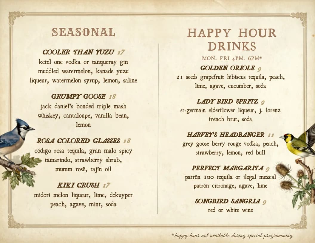 Darling Aviary happy hour drinks menu Sacramento — $9 cocktails Monday–Friday 4–6 PM including the Golden Oriole, Lady Bird Spritz, and Perfect Margarita, plus seasonal drinks