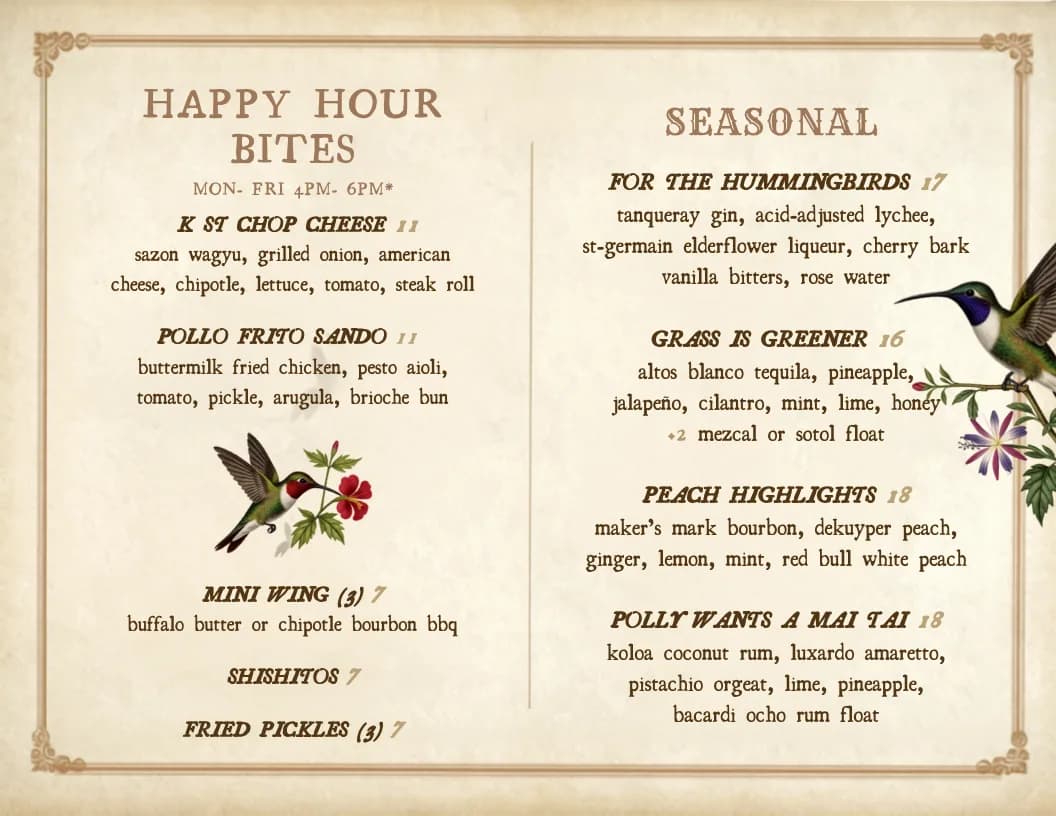 Darling Aviary happy hour food menu Sacramento — $7–$11 bites including the K St Chop Cheese, Pollo Frito Sando, mini wings, and fried pickles, Monday–Friday 4–6 PM