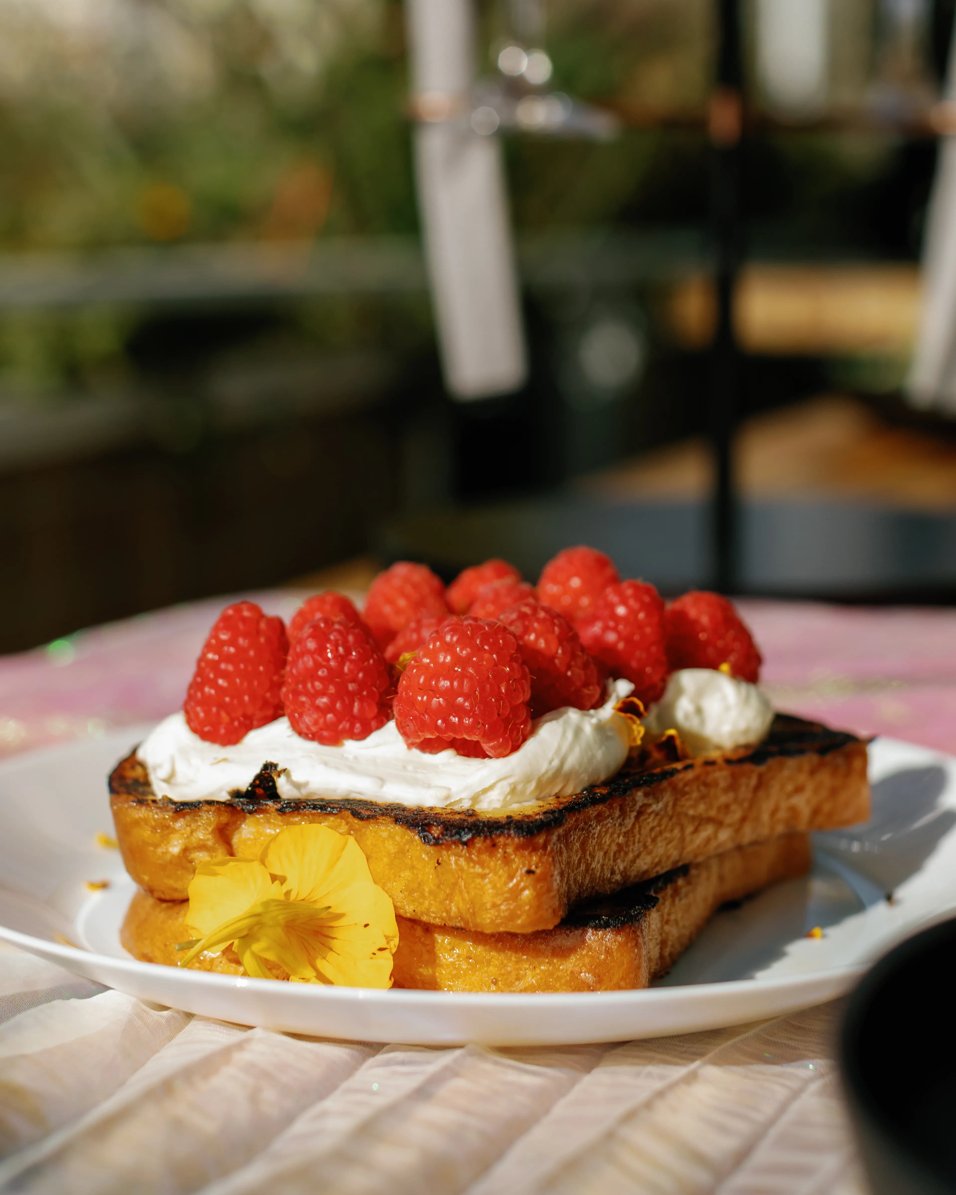 Darling Aviary raspberry French toast piled high with fresh raspberries and whipped cream — rooftop brunch in sunlight at DoCo Sacramento