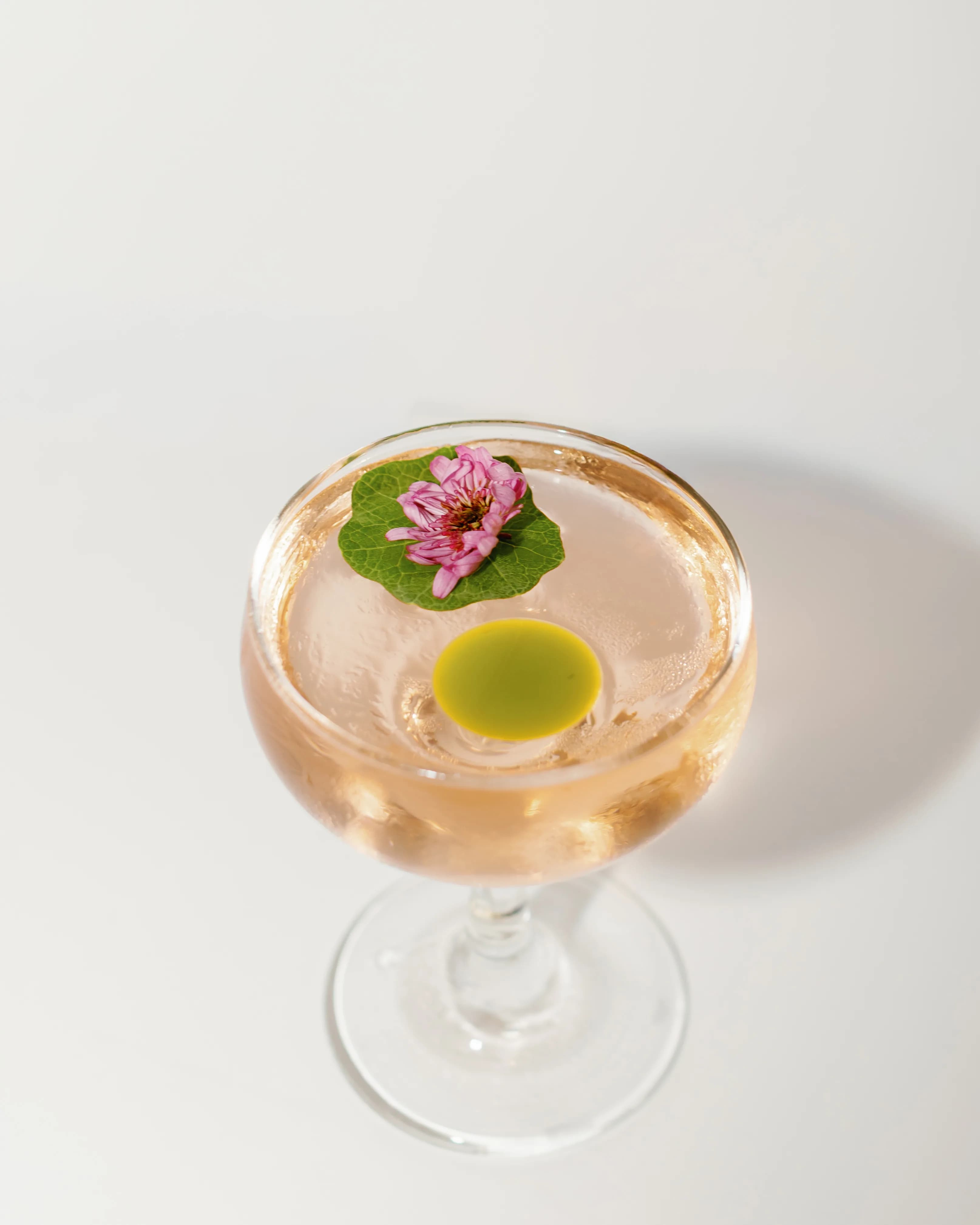 Darling Aviary Lily Pond rosé cocktail in a coupe glass with a large ice sphere, pink water lily and green leaf garnish at rooftop cocktail bar in DoCo, Downtown Sacramento