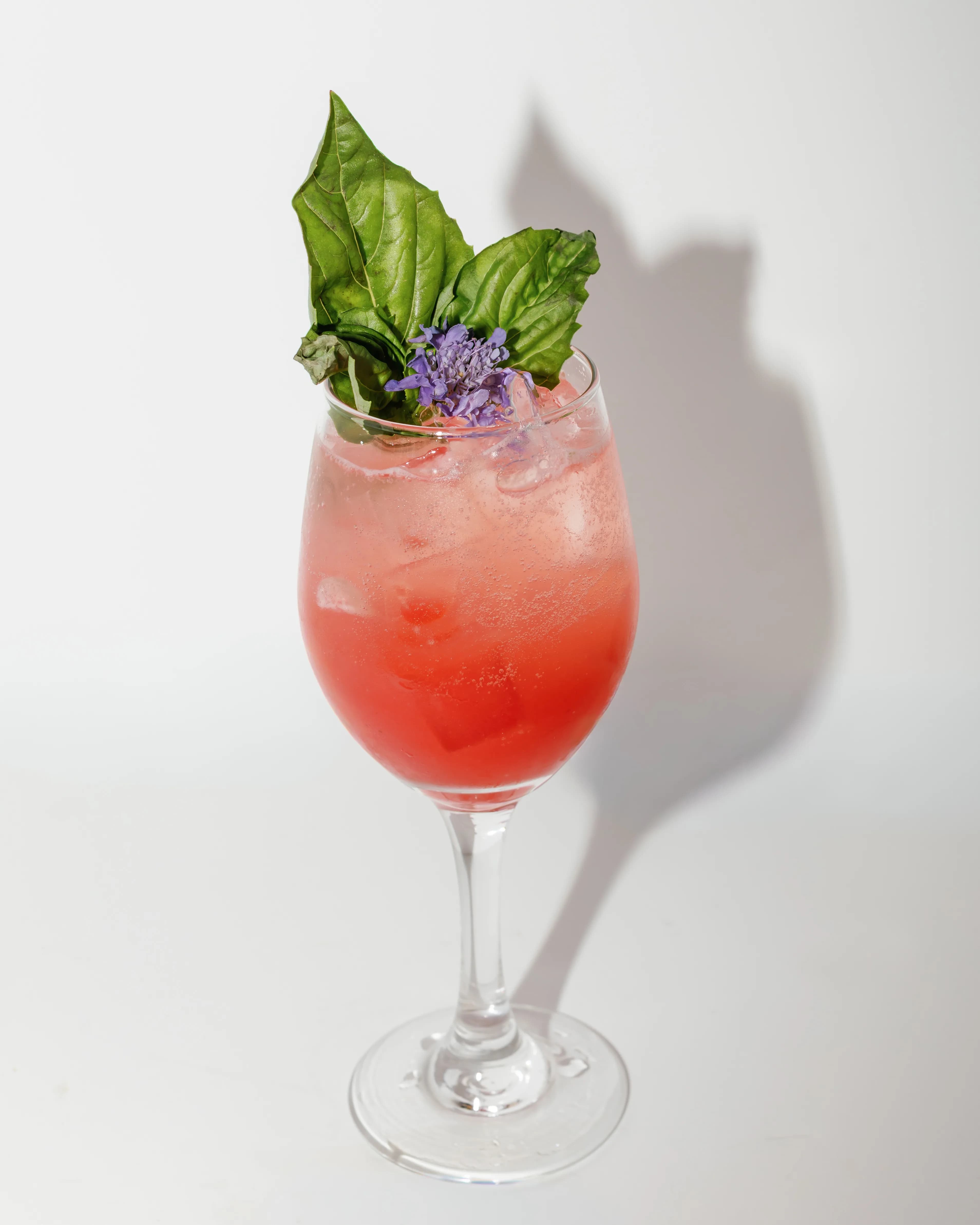 Darling Aviary Strawberry Basil Spritz cocktail in sunlight with fresh basil and strawberry garnish — rooftop bar views at DoCo, Downtown Sacramento